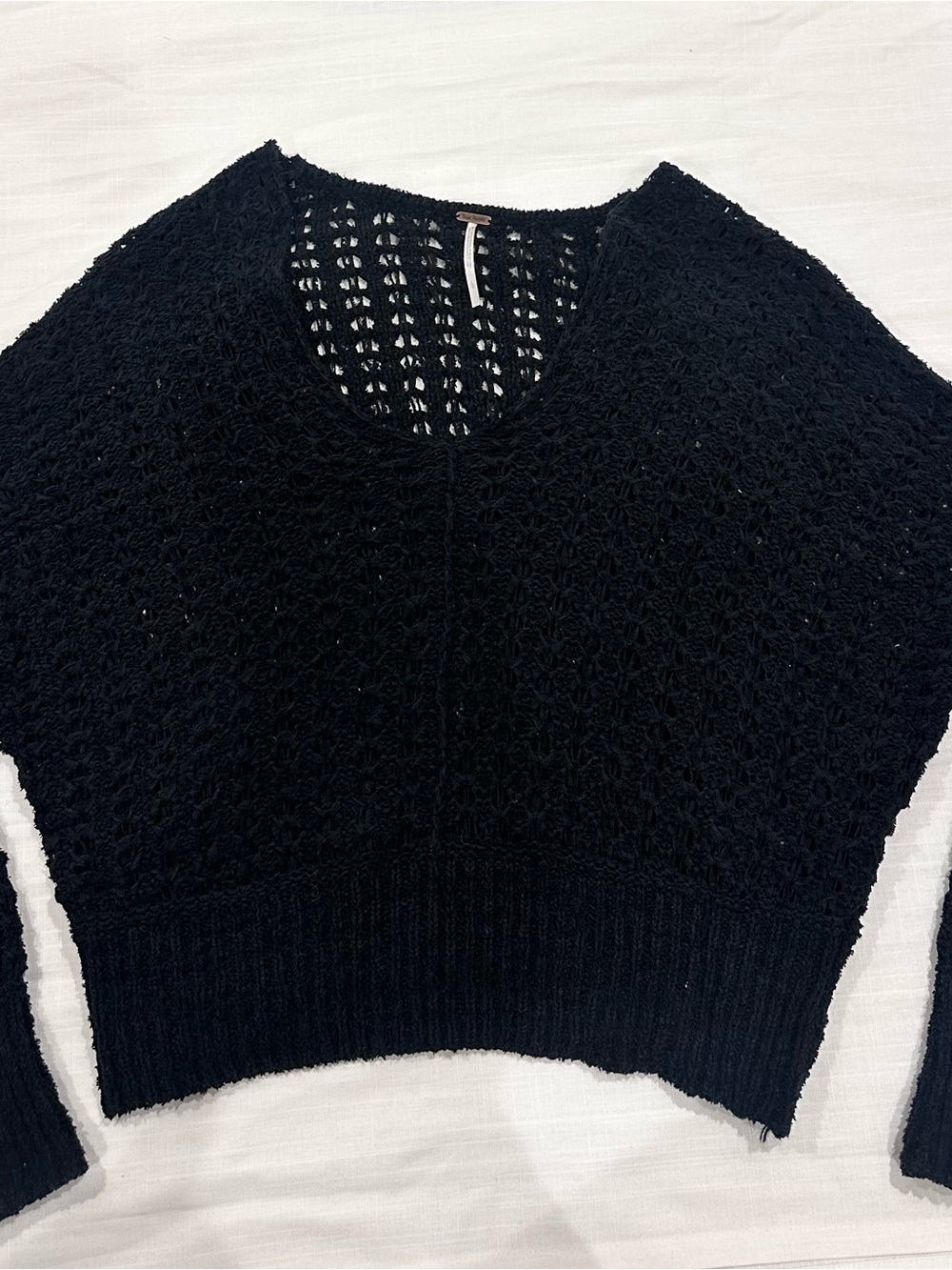 Free People Black Cropped V-Neck Open-Knit Sweater